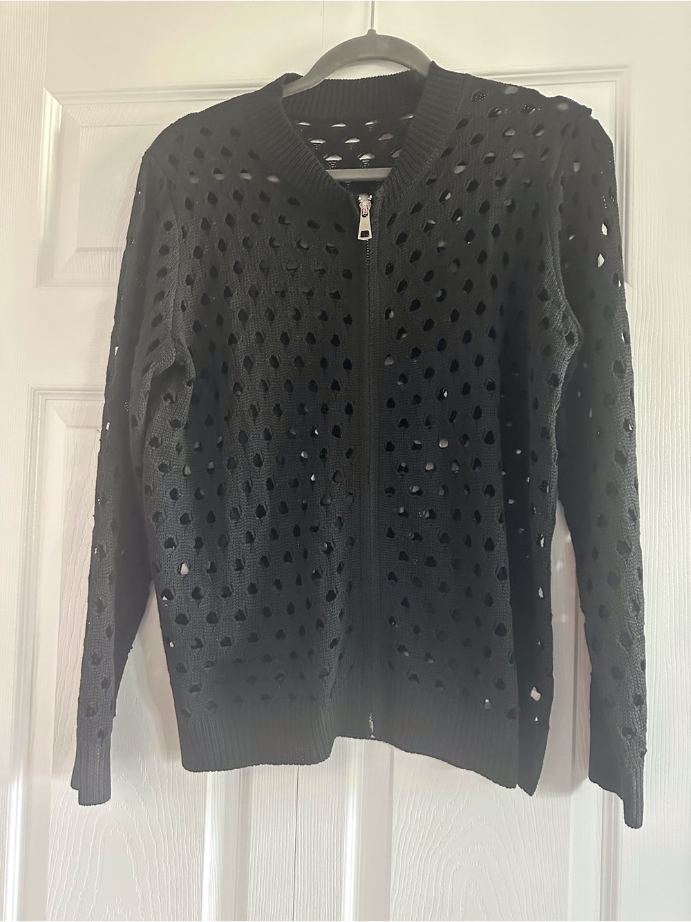 Black Openwork Knit Zip Cardigan Featuring Size XS Tag